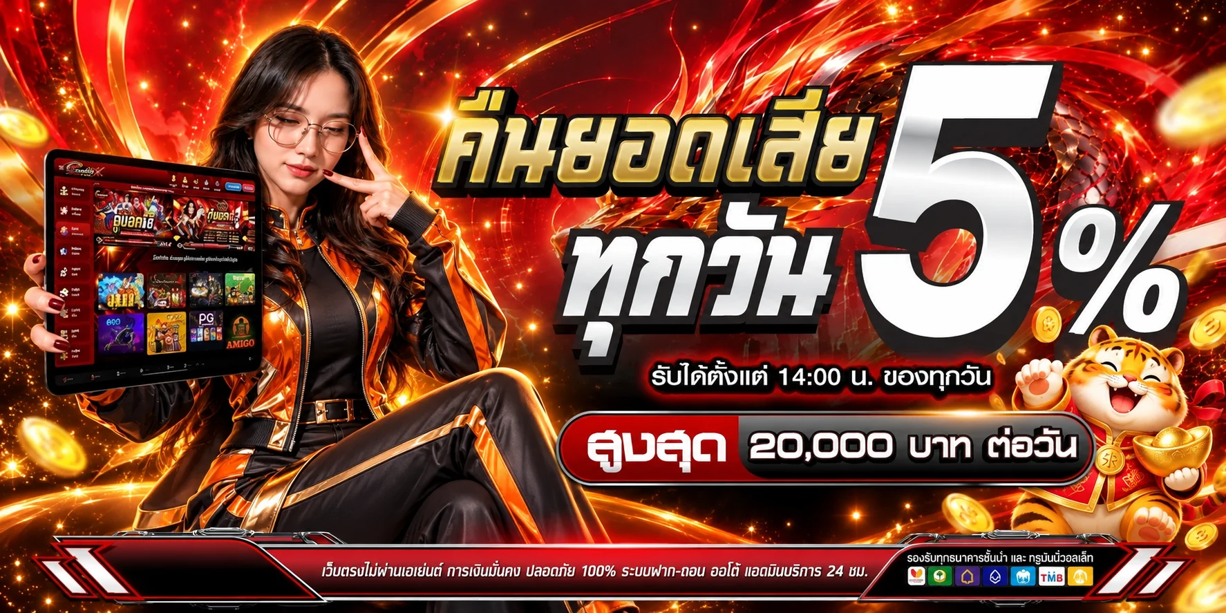 แบนเนอร์สมัครสมาชิก MACAU987 โทนส้มทองพร้อมมาสคอตเสือนำโชค